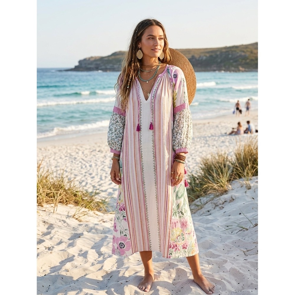 D'Ascoli Midi Dress Women M Pink Floral Gingham Stripe Boho Tassel Khadi Cotton